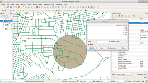Example of why walkshed is important. The yellow busstop is \<¼mi from part of a loop the way the crow flies, but not by foot.
